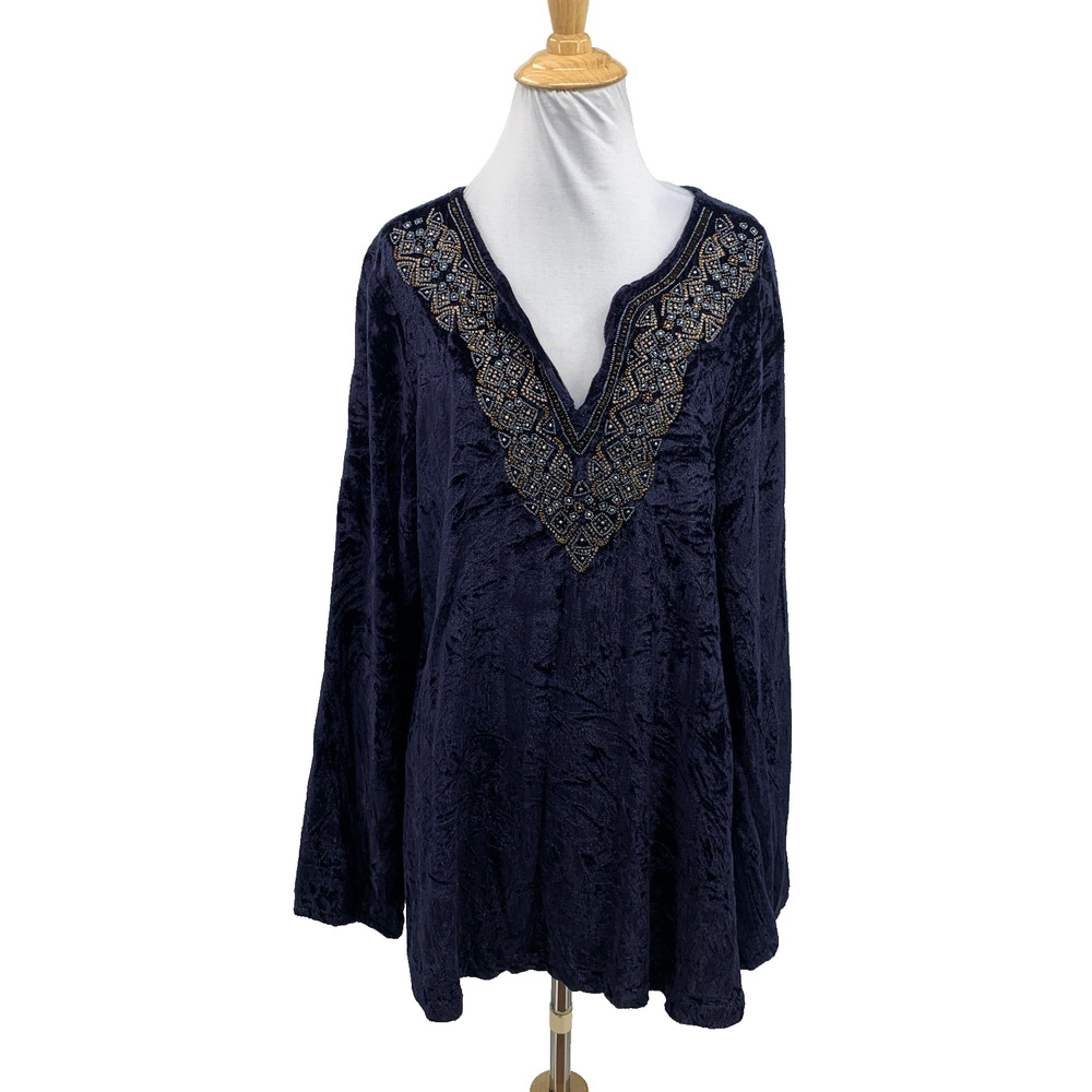 Soft Surroundings Blouse Women L Large Navy Velvet Geometric Beaded V Neck Tunic